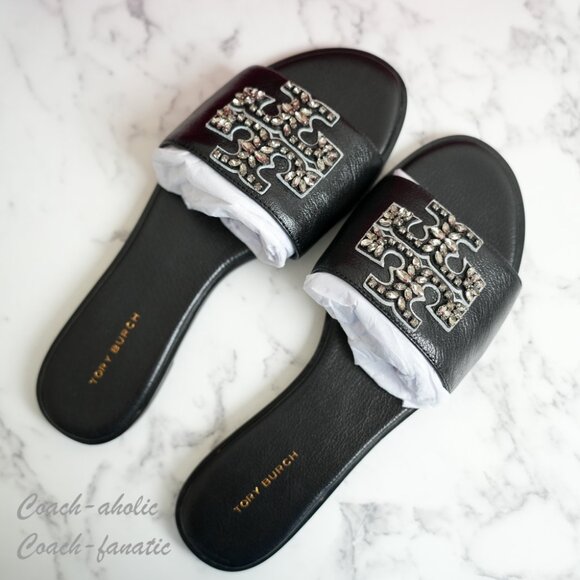 NIB Tory Burch Everly Embellished Crystal Logo Flat Slide Sandal Black Leather - Picture 8 of 9